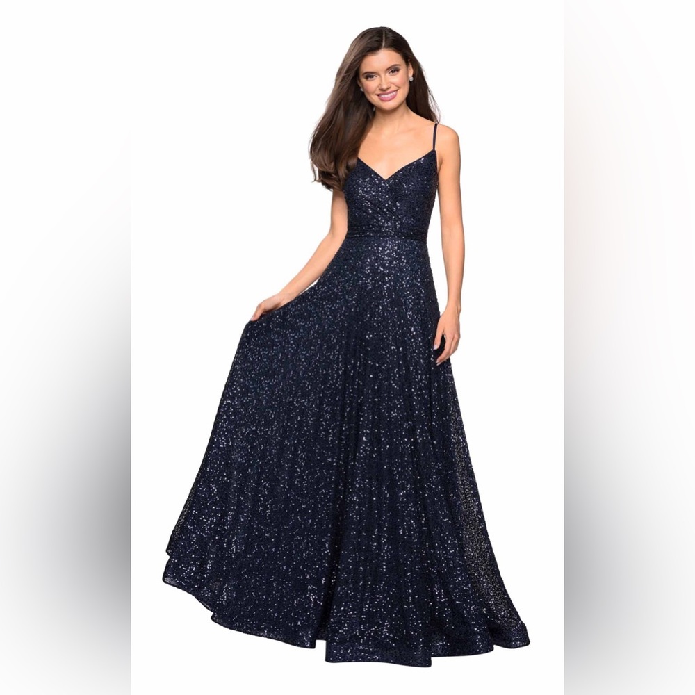 La Femme Sequin A Line Gown 27747 in Navy Blue Size 2 NWT